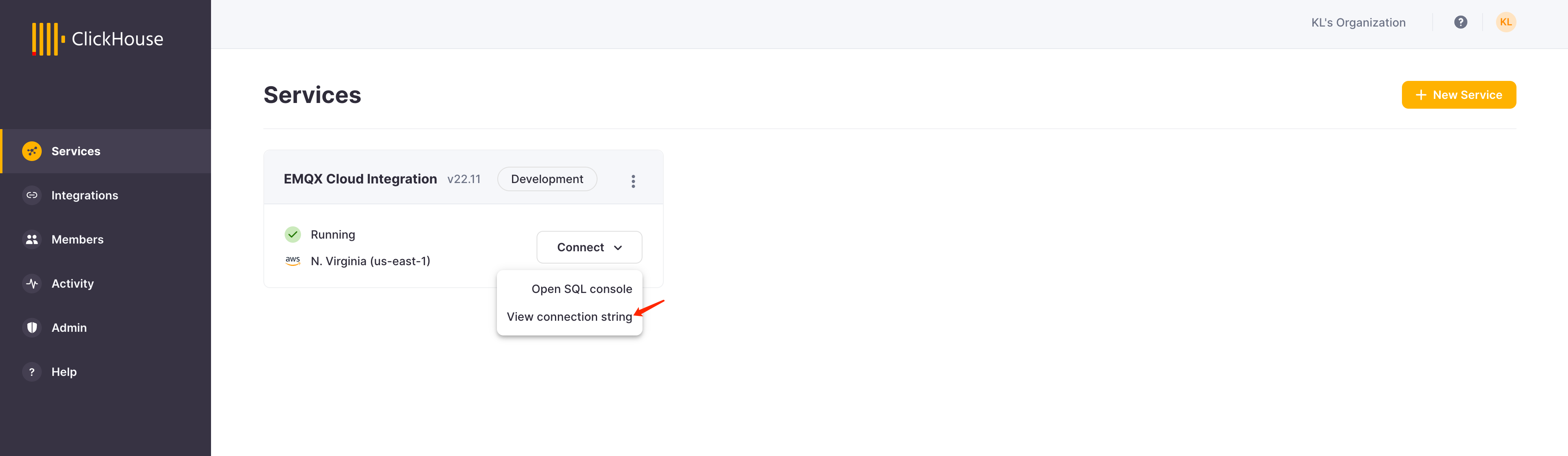 ClickHouse Cloud Running Instance dashboard with connection options