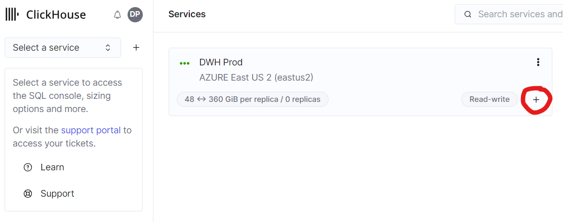 Creating a new service in a warehouse
