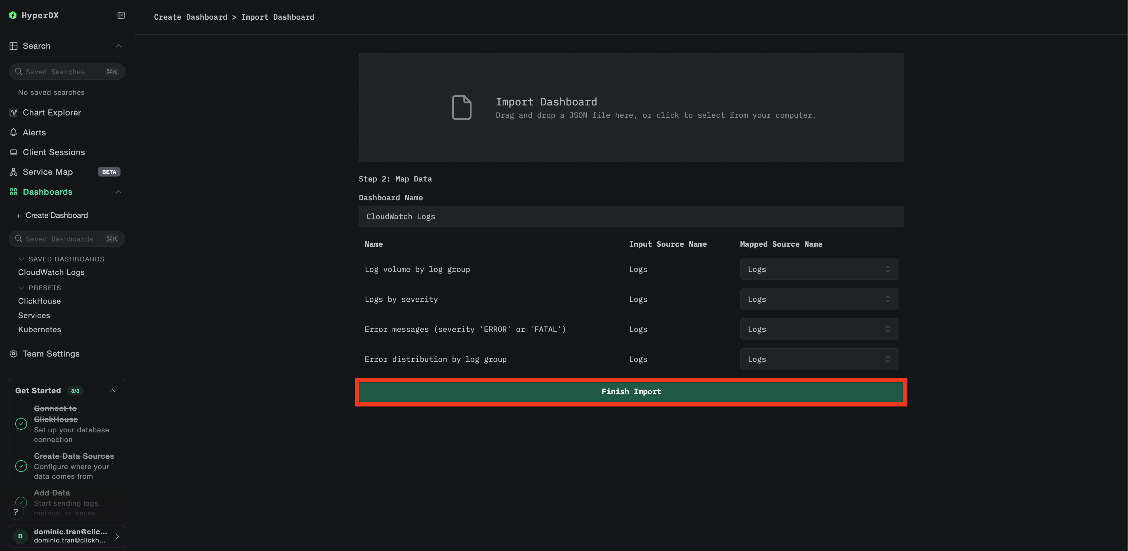 Finish import dialog