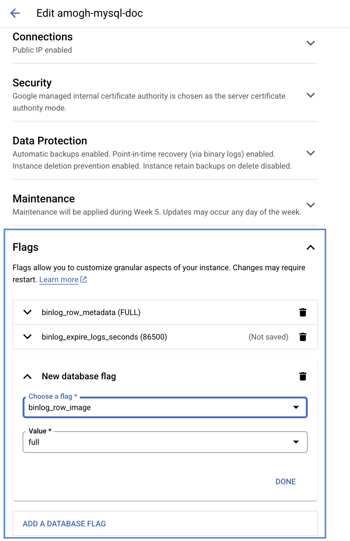 Setting binlog flags in GCP