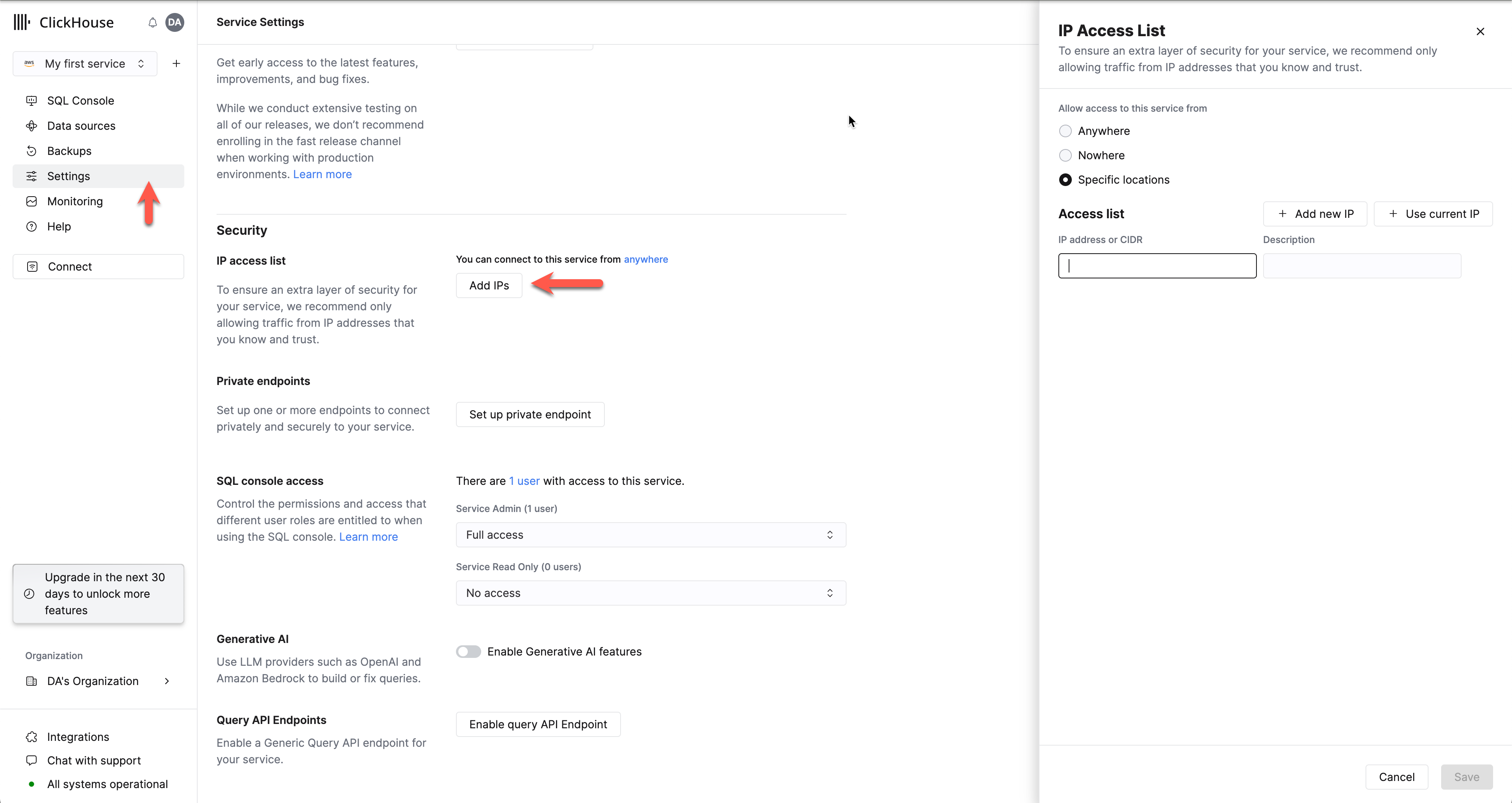 Check to see if the service allows traffic from your IP address in the IP Access List