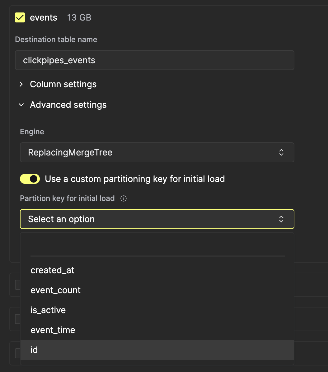 Partition key column