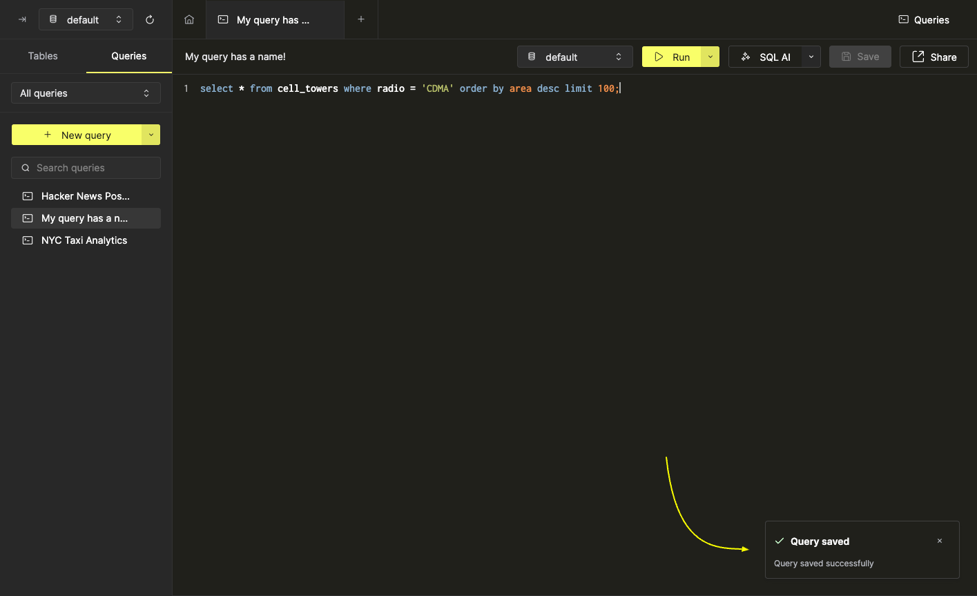 Save button in the query editor toolbar