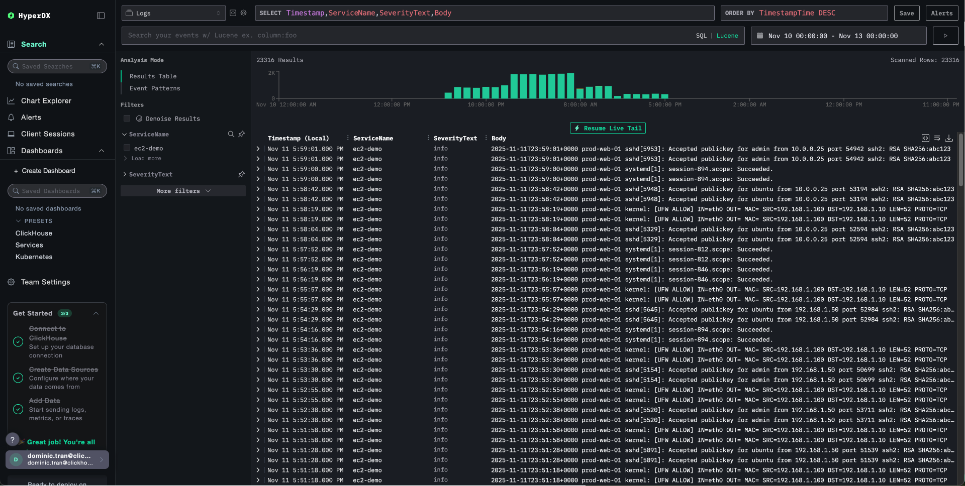 EC2 logs search view