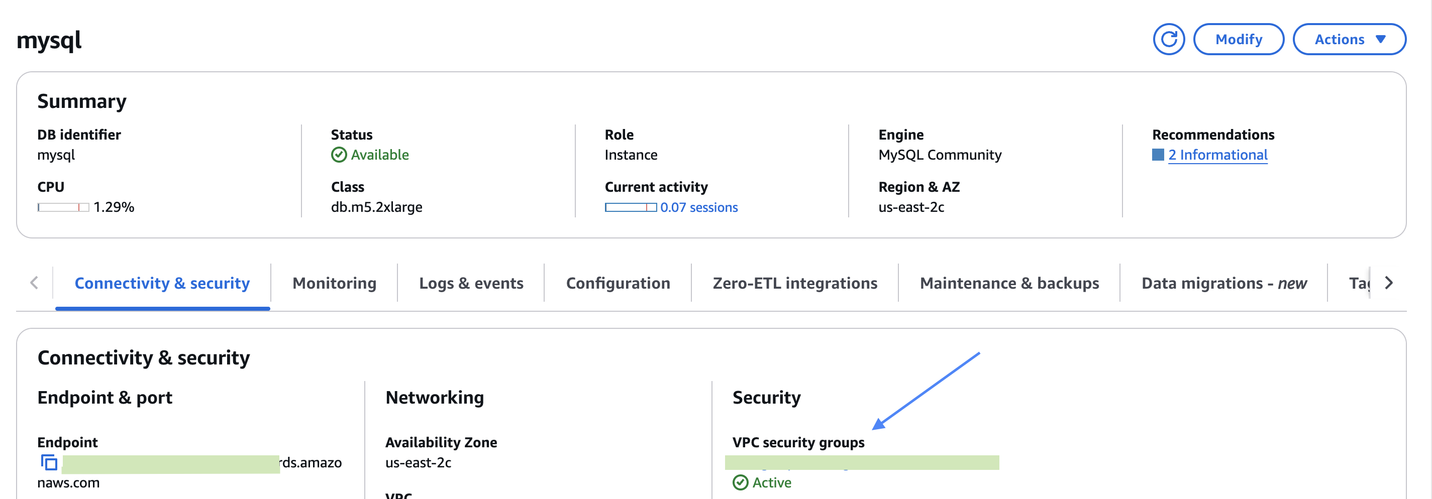 Where to find security group in RDS MySQL?