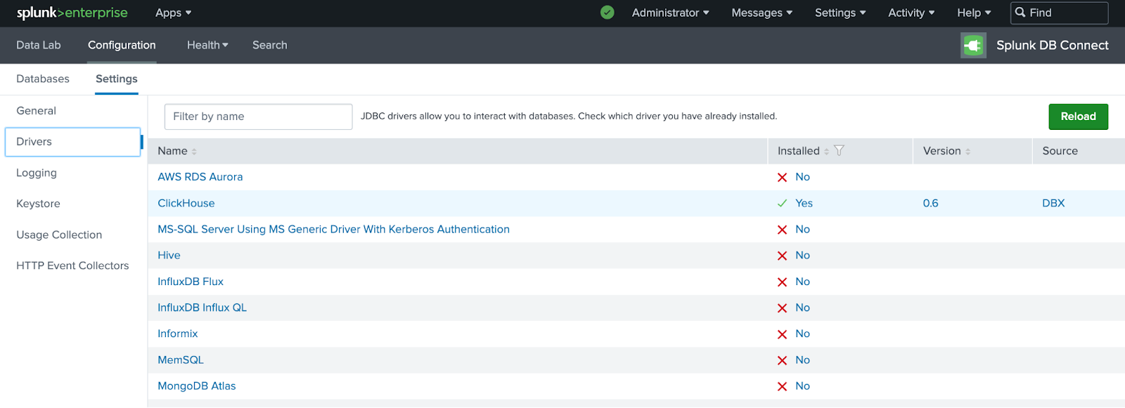 Splunk DB Connect drivers page showing ClickHouse driver successfully installed