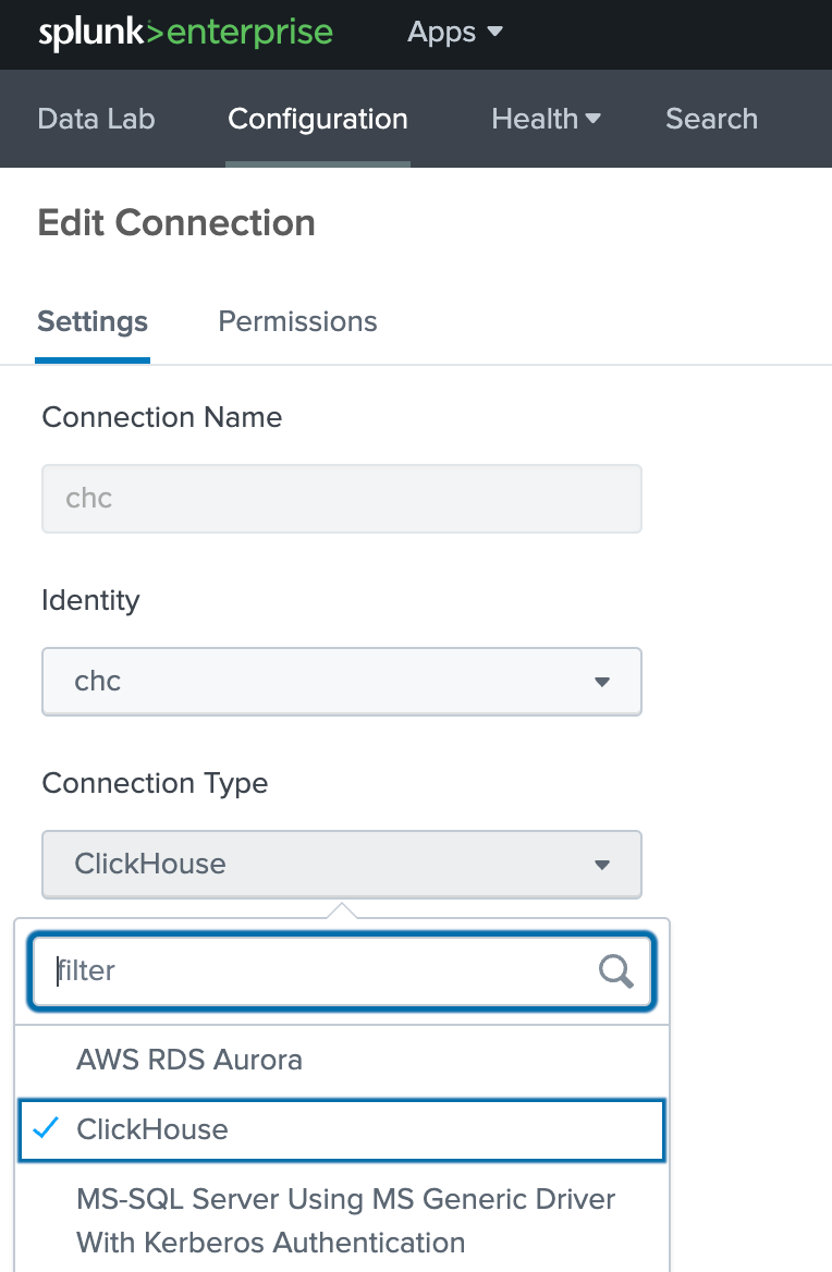 Splunk DB Connect new connection button