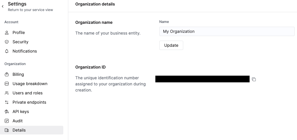 ClickHouse Cloud console showing the Organization details page with Organization ID
