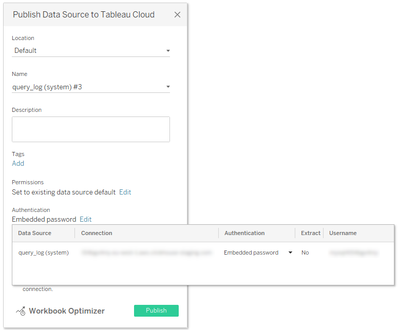 Tableau Desktop publish dialog showing Authentication options with Embedded password selected
