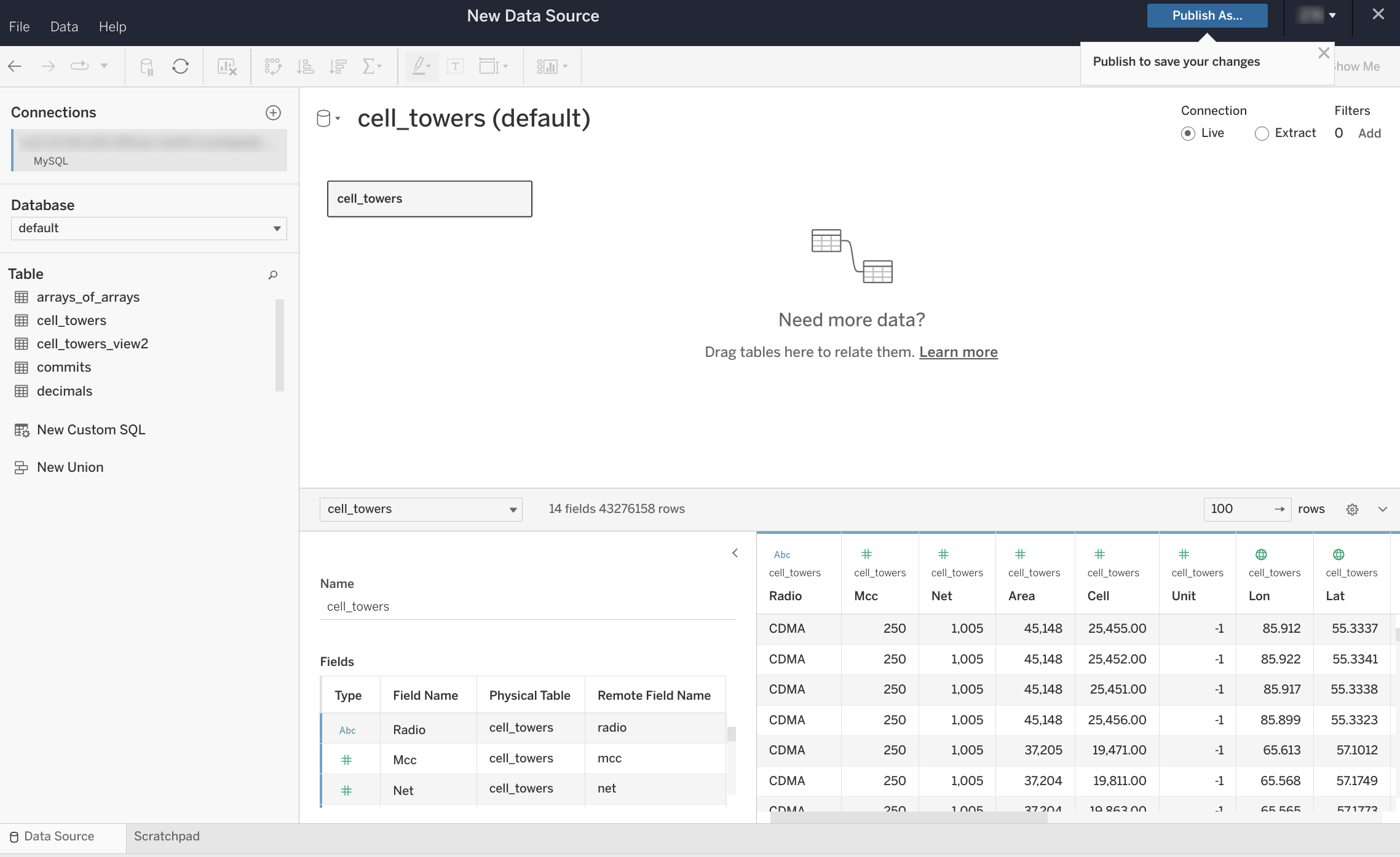 Tableau Online data source page showing database tables on the left and canvas on the right with drag-and-drop functionality