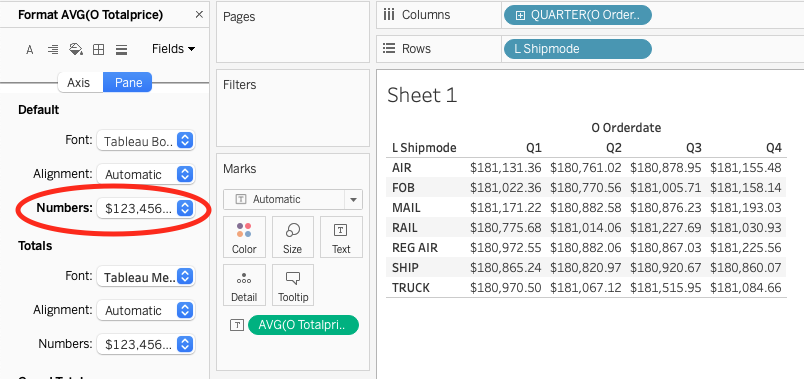 Tableau crosstab showing average order price by quarter and shipment mode with currency formatting