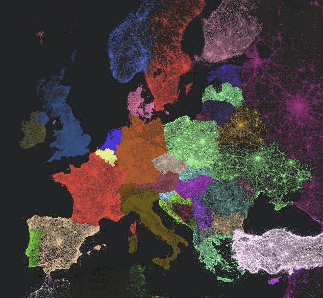 Map of Europe with points of interest categorised by country